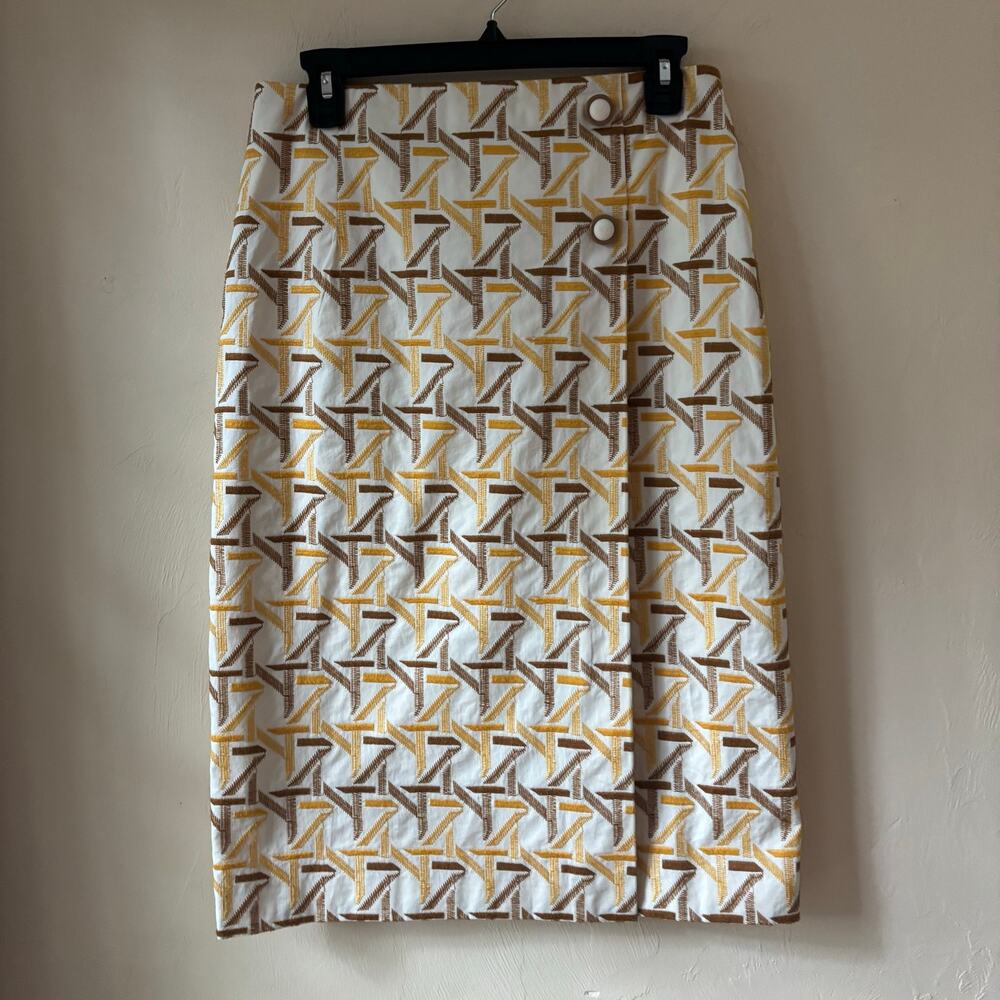 Tory Burch Geometric Embroidered Knee Length Skirt 6 Yellow Cotton Faux Wrap - Picture 2 of 12